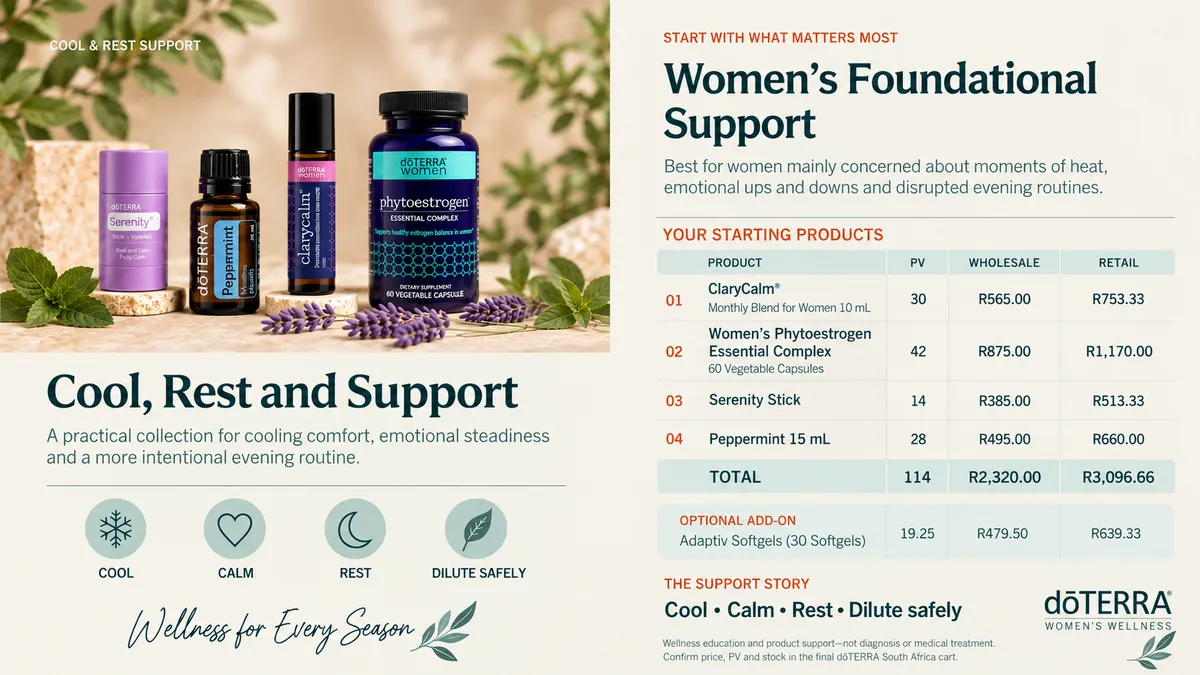 Cool and rest support for women with essential oils for hot flushes, emotional wellbeing and restful evening routines`