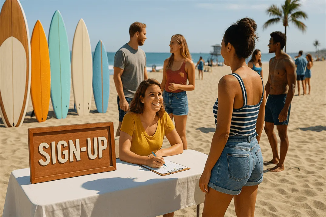 People signing up for paddleboard events at a beachside community gathering