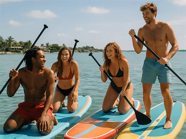 Group of friends enjoying paddleboard lessons on a tropical beach