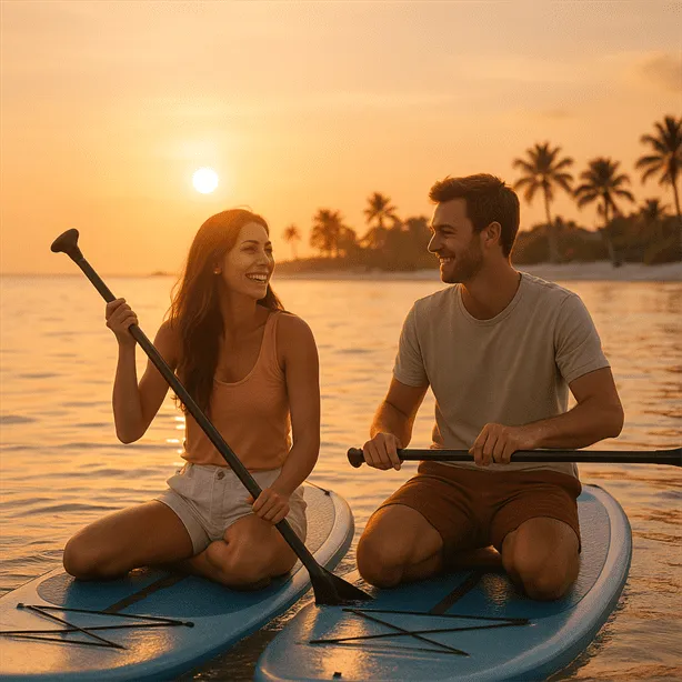 Couple paddleboarding at sunset in Clearwater