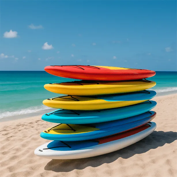 Colorful paddleboards stacked on Clearwater beach