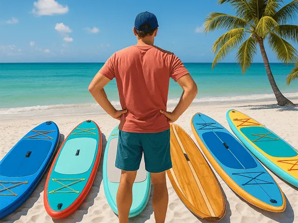 Paddleboards lined up on Clearwater beach for demo session