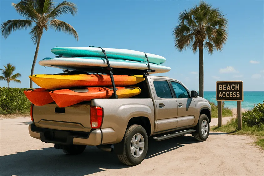 Truck delivering paddleboards and kayaks to the beach