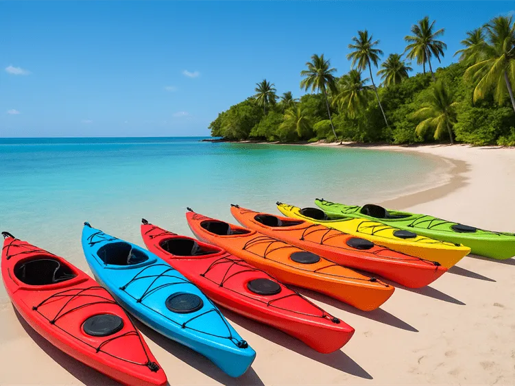 Colorful kayaks lined along tropical Clearwater shoreline
