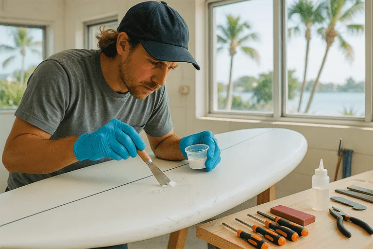 Technician performing basic paddleboard repair in Clearwater
