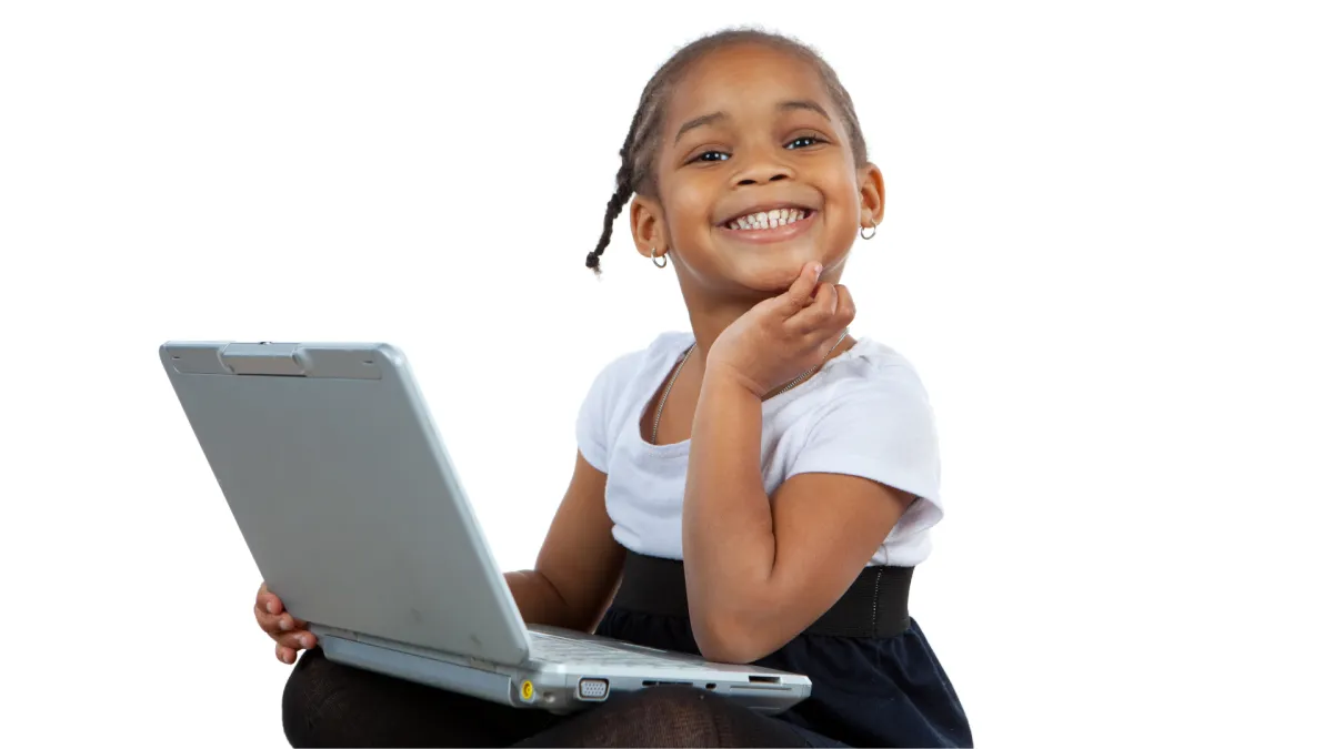 Child waves at laptop
