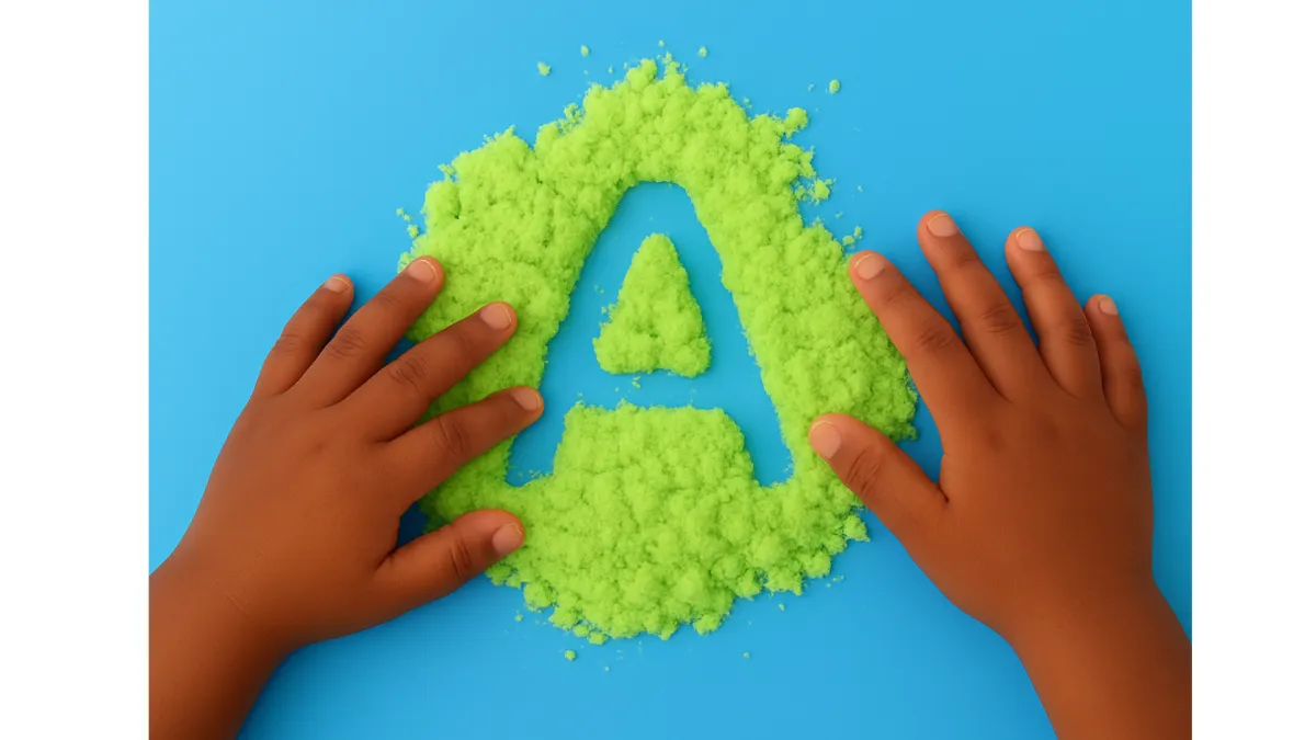 Child writes A in green sand