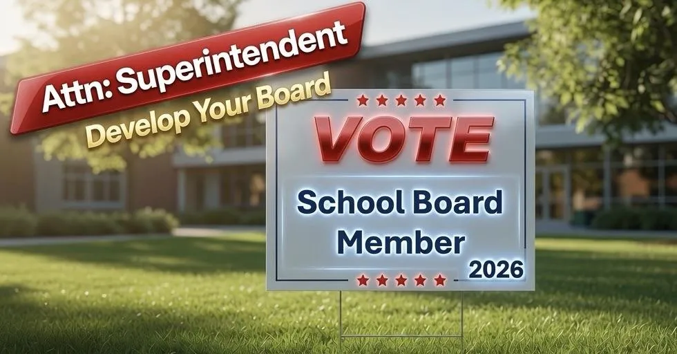 Election sign calling attention to Superintendents that it's time to start developing before they get new board members.