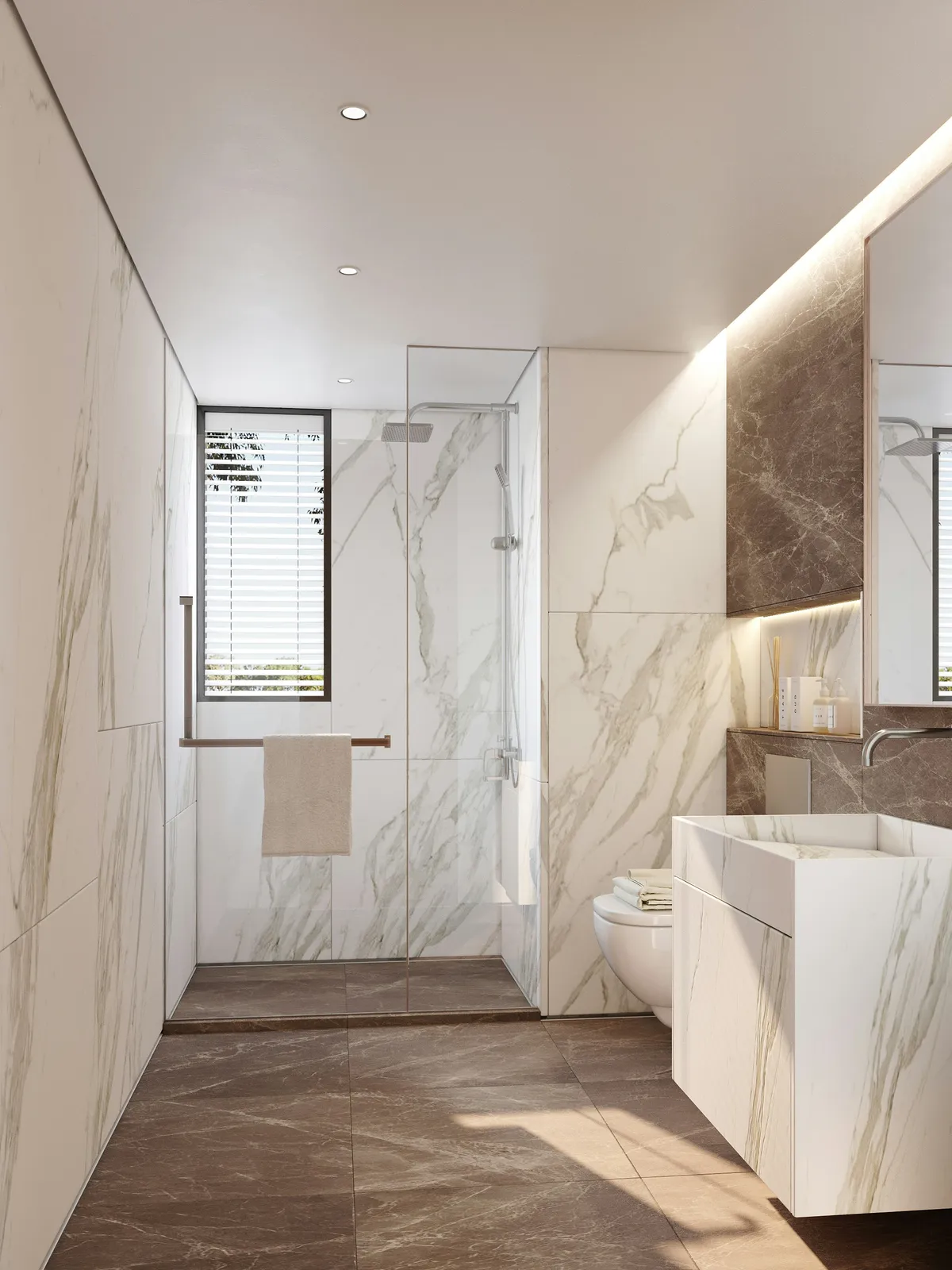 floor and wall tiled bathroom with marble surface texture in cream tones