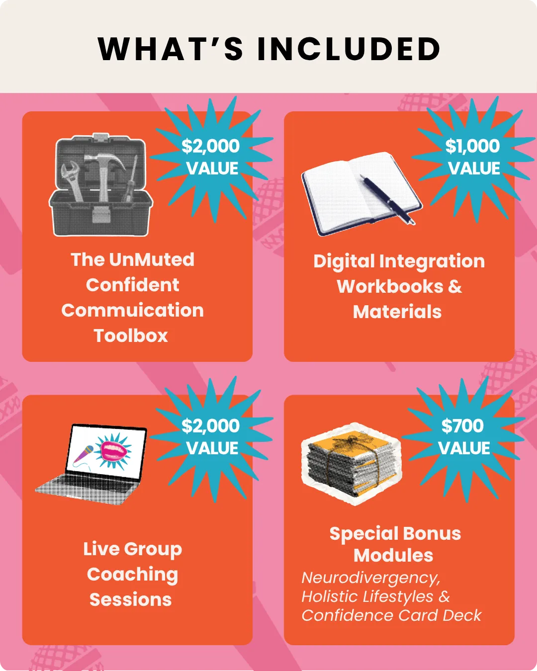 Value deck graphic that reads: What's Included: The UnMuted Confident Communication Toolbox, $2,000 value; Digital Integration Workbooks & Materials, $1,000 value; Live Group Coaching Sessions; $2,000 value; Special Bonus Modules (Neurodivergency, Holistic Lifestyles & Confidence Card Deck), $700 value