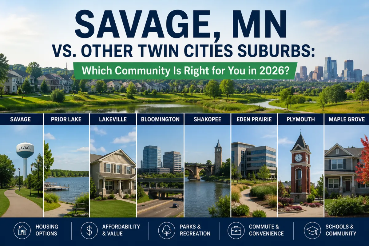 Comparison of Savage, MN and neighboring Twin Cities suburbs featuring residential communities, parks, lakes, and local amenities in 2026.