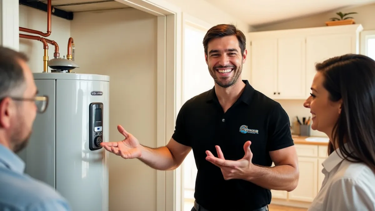 Plumbing talking to woman in kitchen. 