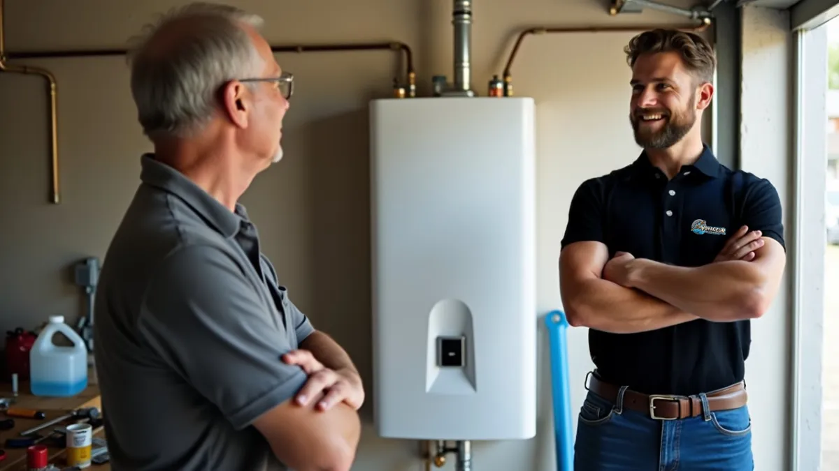 Plumbing talking to woman in kitchen. 