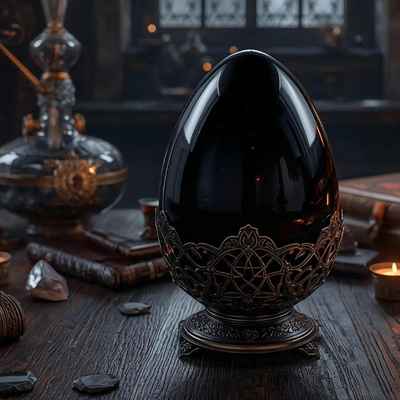 Sfeerfoto van Het Obsidiaan Ei op tafel - Deel 1 van het fysieke puzzelspel Kronieken van Elias
