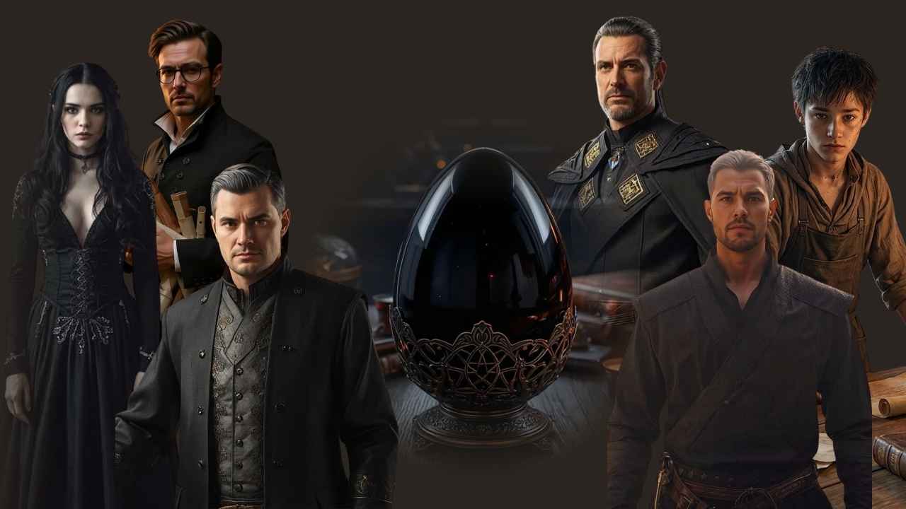 Het Obsidiaan Ei van Elias met hoofdpersonages uit De Kronieken van Elias - deel 1 puzzelspel van Nusindra
