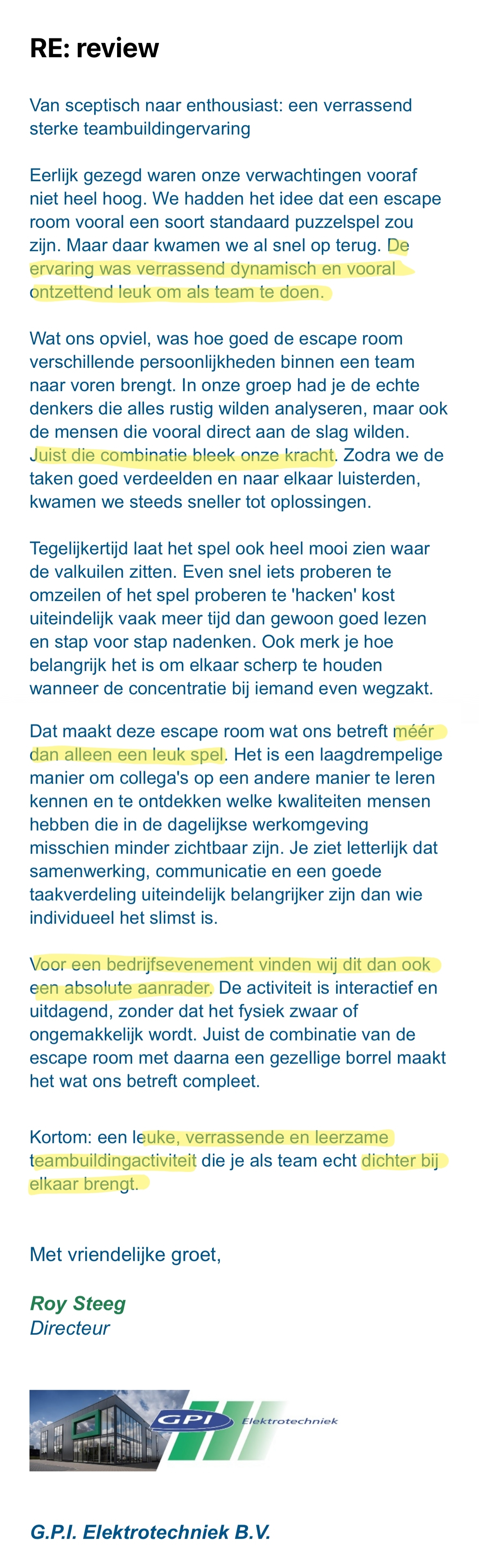 Positieve review van een bedrijf dat het spel  Het Obsidiaan Ei met zijn werknemers heeft gespeeld.