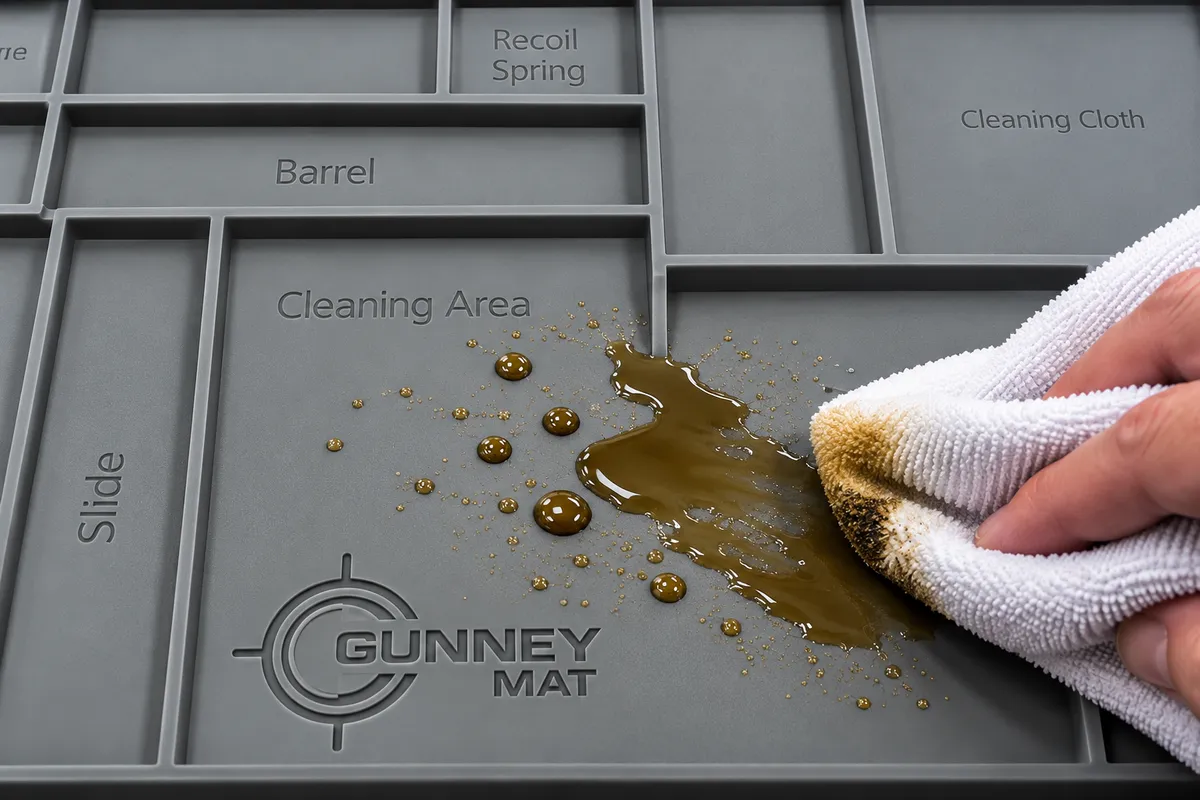 Cleaning solvent and oil beading on GunneyMat non-porous silicone surface