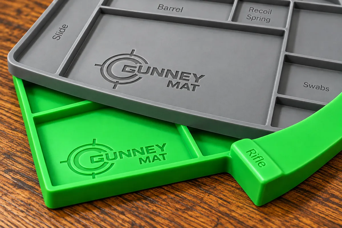 GunneyMat patent pending barrel holder channel securing rifle barrel on workbench