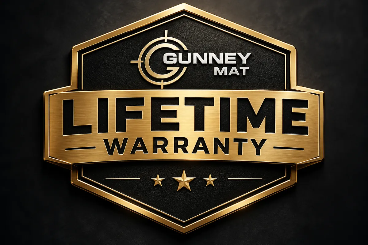 GunneyMat retail boxed packaging highlighting the Lifetime Warranty assurance badge and premium tactical presentation