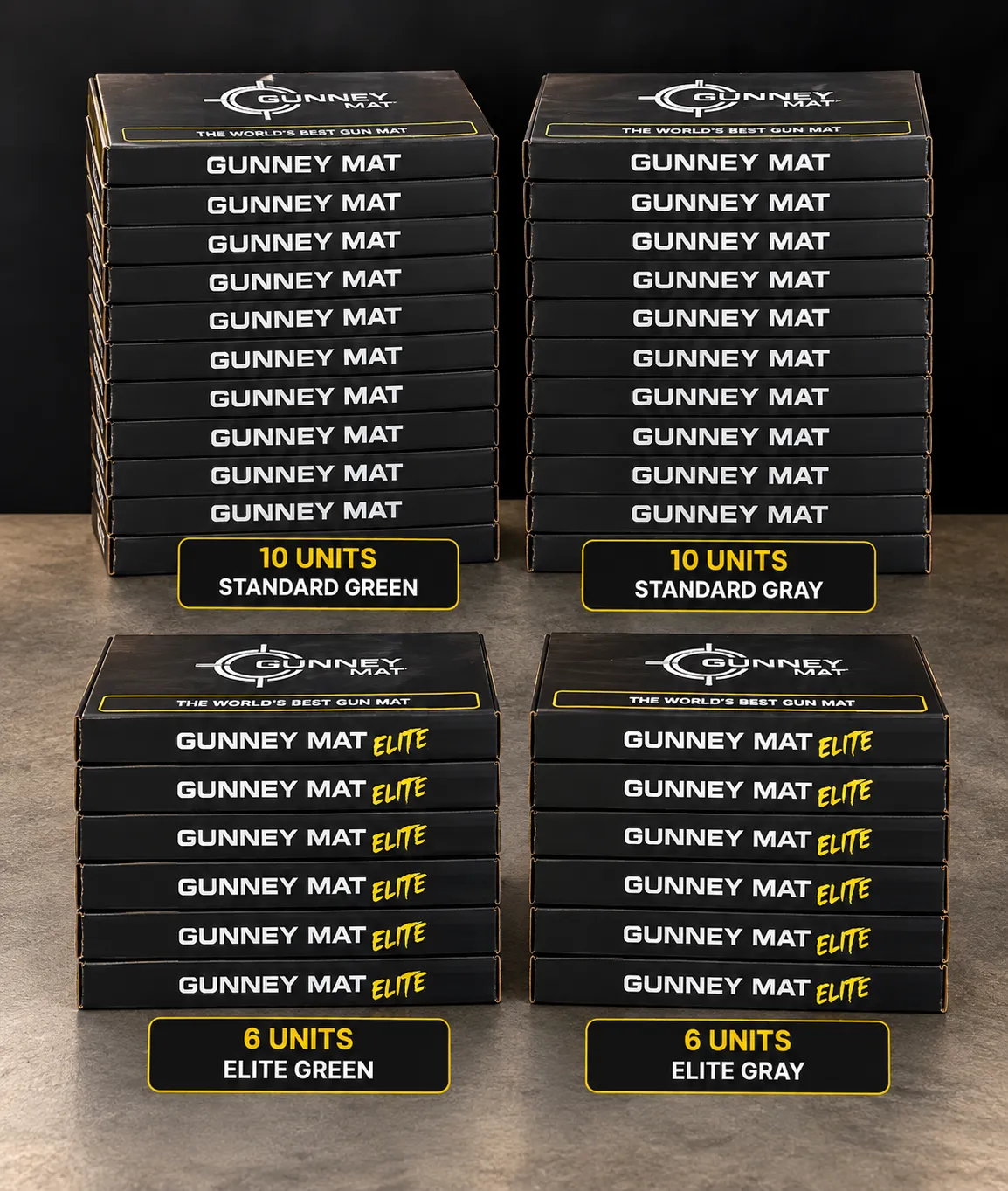 GunneyMat 32-unit dealer opening package bundled inventory stack showing standard and elite models in green and gray