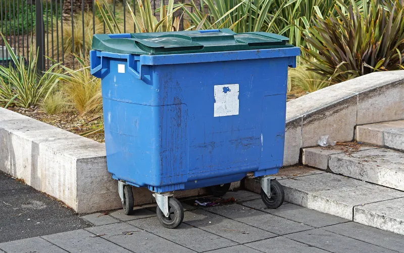 Commercial dumpster cleaning service removing grime and buildup from a large outdoor dumpster