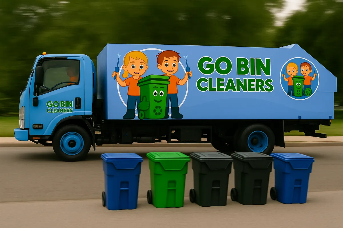 GO Bin Cleaners service truck with branded logo and residential trash bins lined up in front