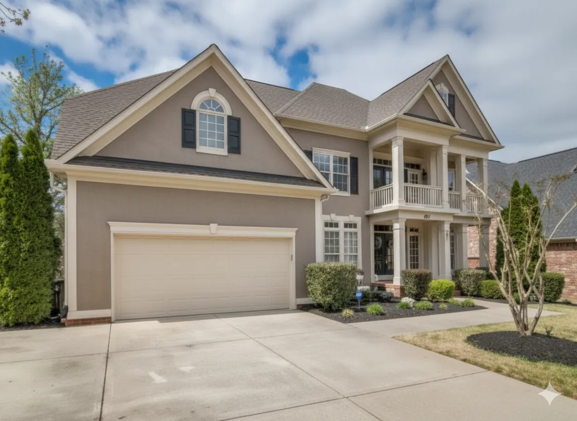 A large, two-story suburban house with a stucco exterior, a prominent two-story porch/balcony supported by columns, an attached two-car garage, and a driveway.