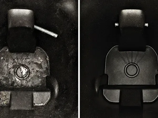 Trash can wheel before and after deep cleaning showing removal of grime and buildup