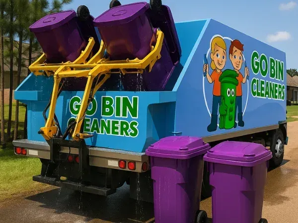 GO Bin Cleaners trash can cleaning truck servicing residential curbside bins