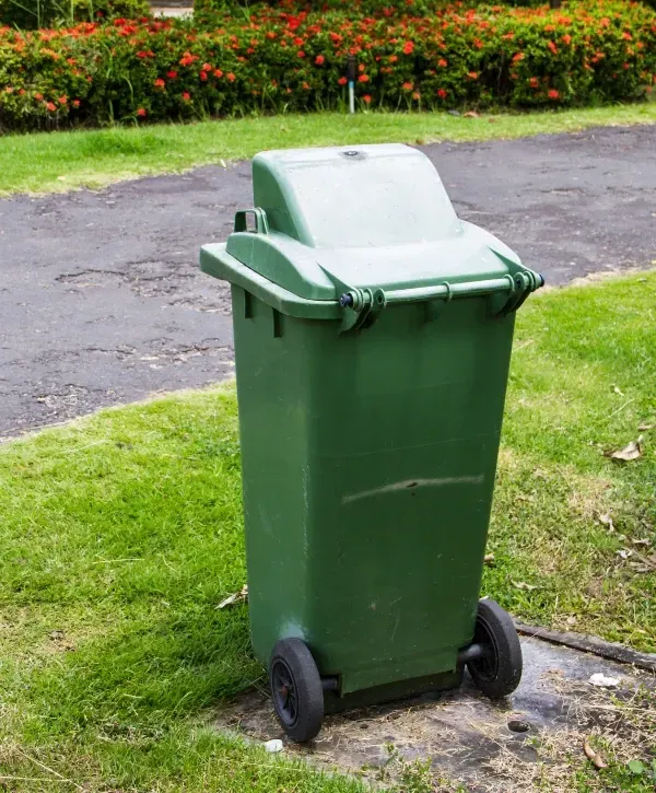 Green wheelie trash bin standing near curb in residential neighborhood