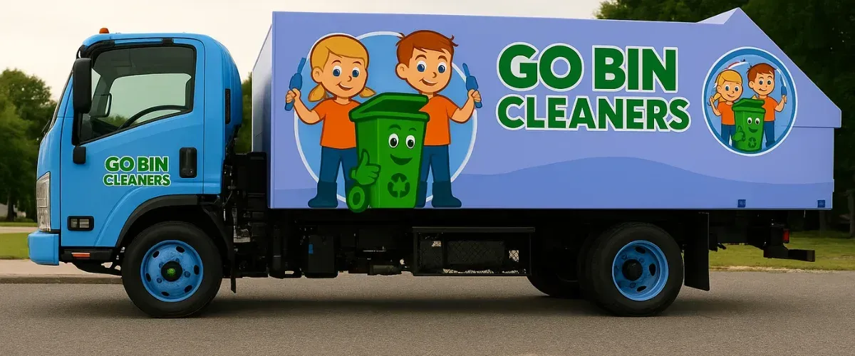 Mobile trash bin cleaning service truck with cartoon logo parked on street