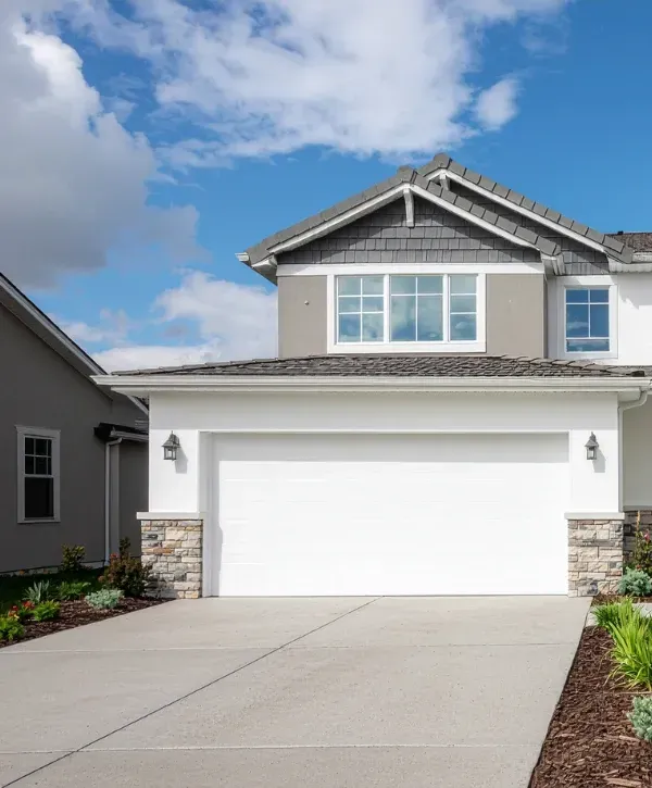 Contemporary home exterior featuring a white garage door and stone accents.