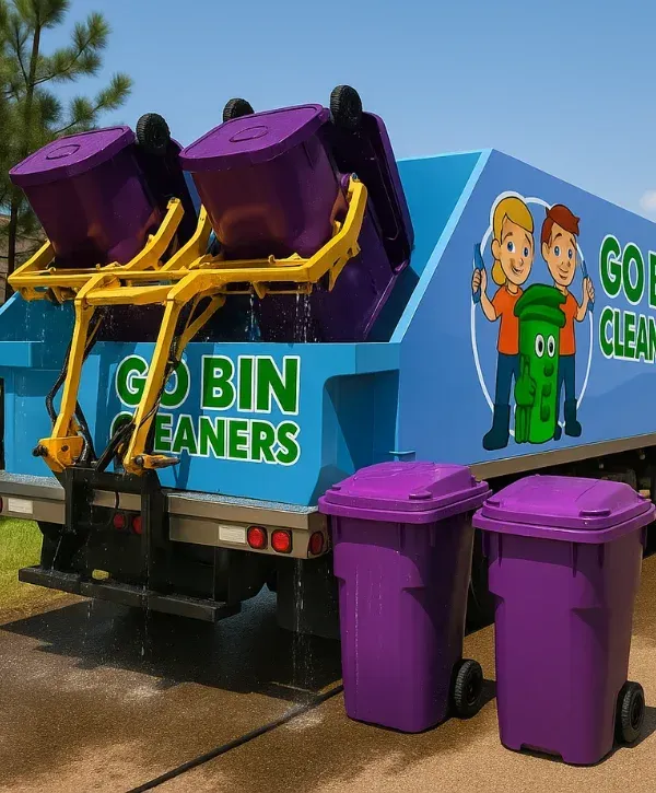 A light blue truck with 'Go Bin Cleaners' cleans two inverted purple garbage bins, with two more clean bins nearby.