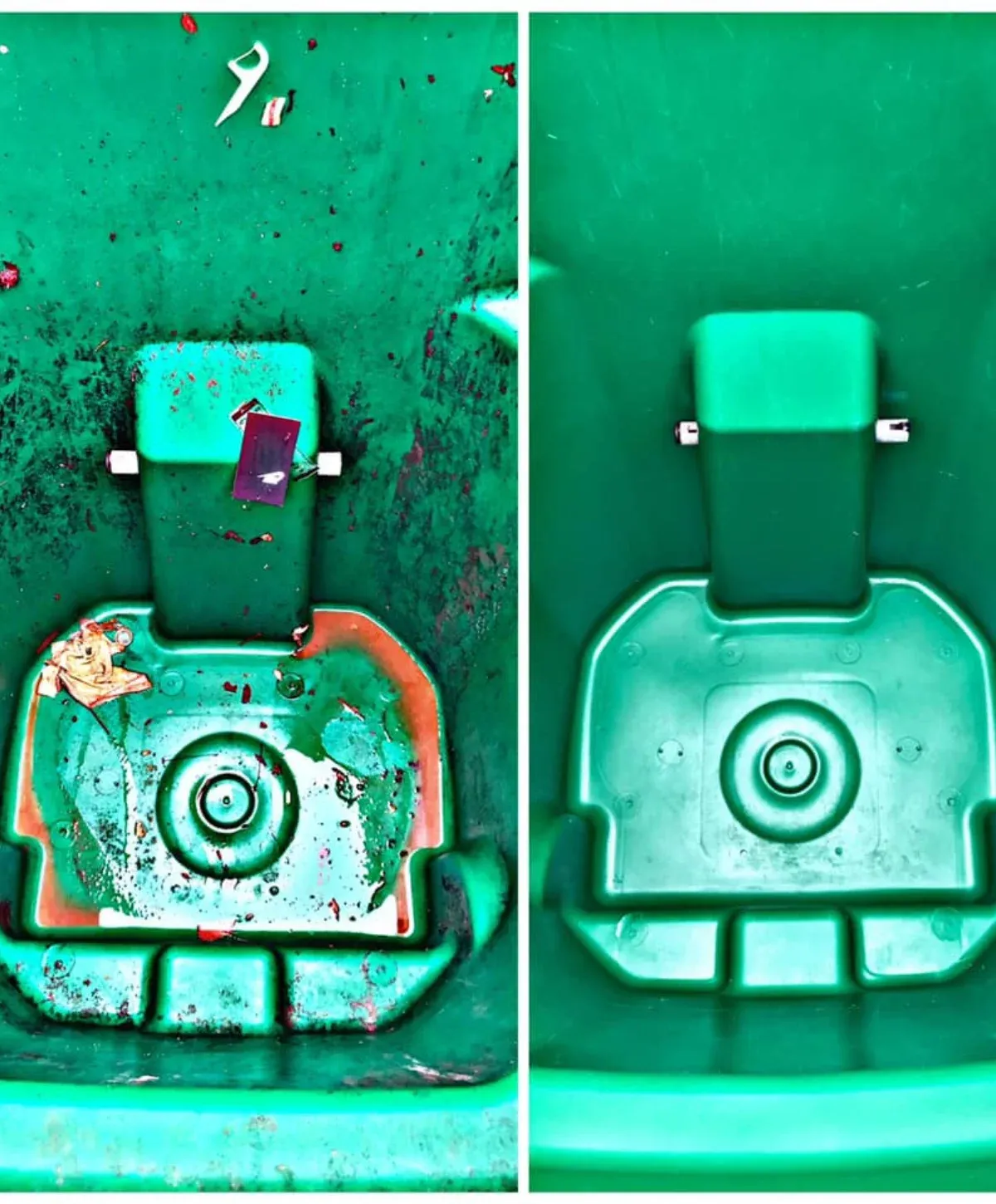 A side-by-side comparison of a green trash can's interior, showing it dirty and messy on the left, and clean on the right.
