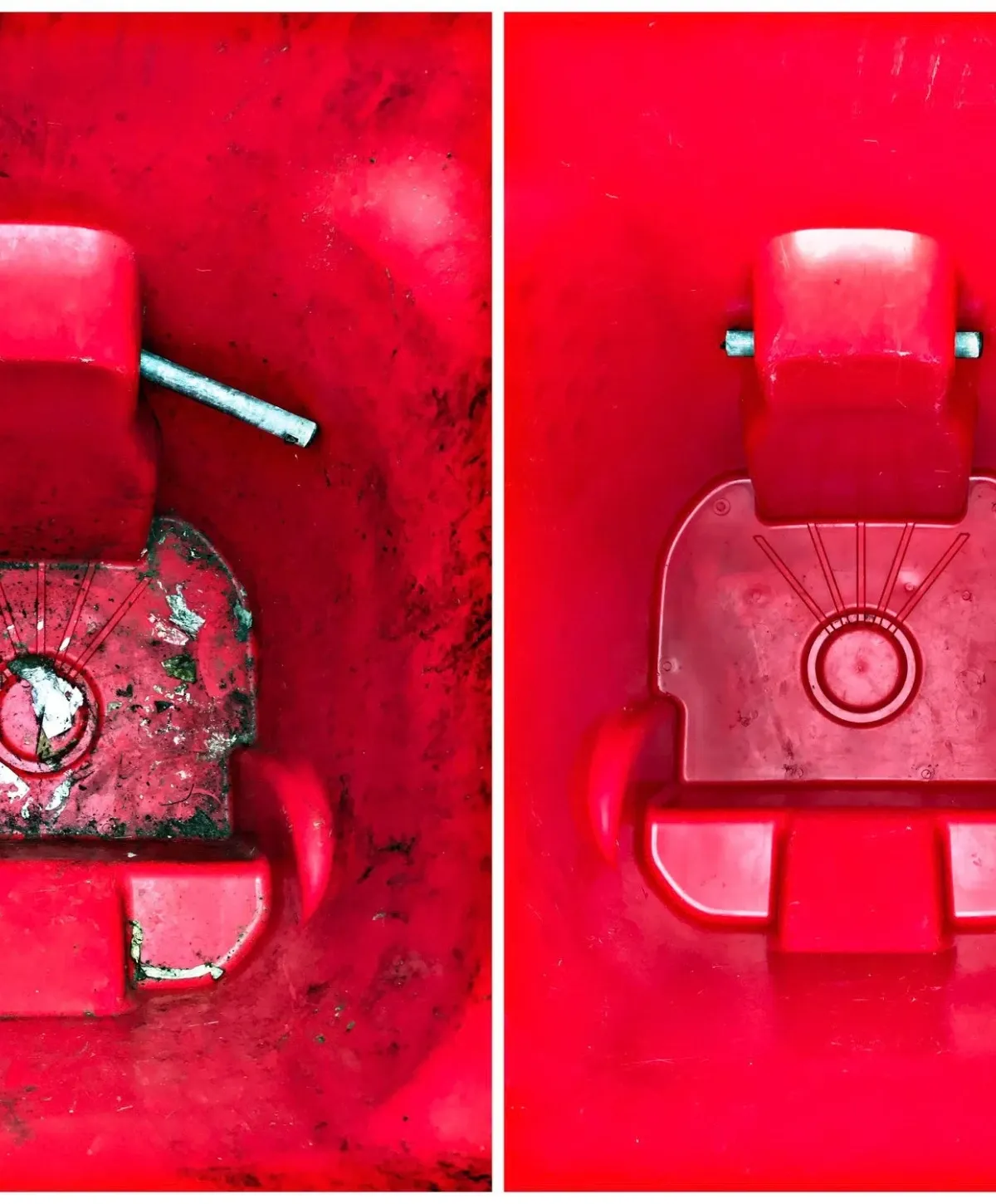 A side-by-side comparison of a red plastic cart's interior, showing a dirty, worn state on the left and a clean, vibrant state on the right.