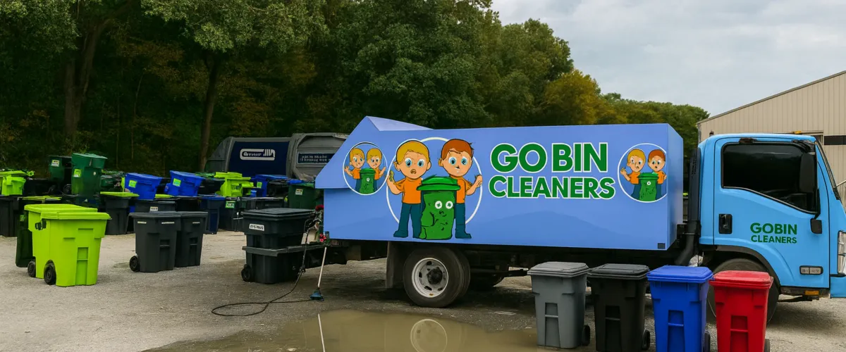 A bright orange Go Bin Cleaners trailer with "Trash Can Cleaning & Surface Washing" text and cartoon characters.