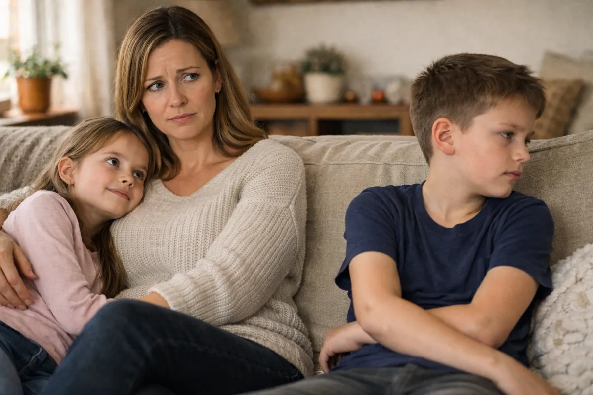 Bonusmamma kramar ett barn i en varm hemmamiljö