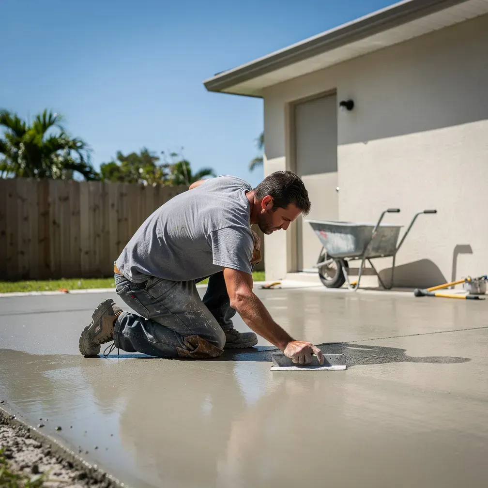 Concrete contractor smoothing a freshly poured patio slab at a Lake Worth, Florida home on a sunny afternoon.