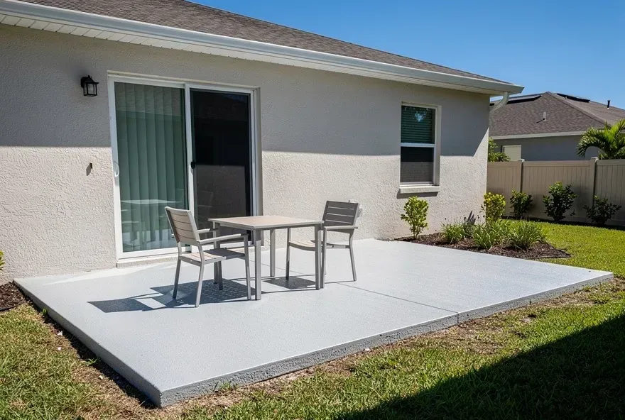 Newly finished concrete patio attached to the back of a home in Lake Worth, Florida on a sunny day.