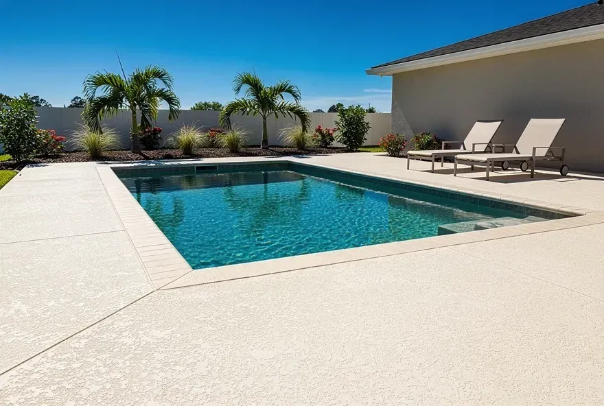 Newly finished non-slip concrete pool deck surrounding a backyard pool in Lake Worth, Florida.