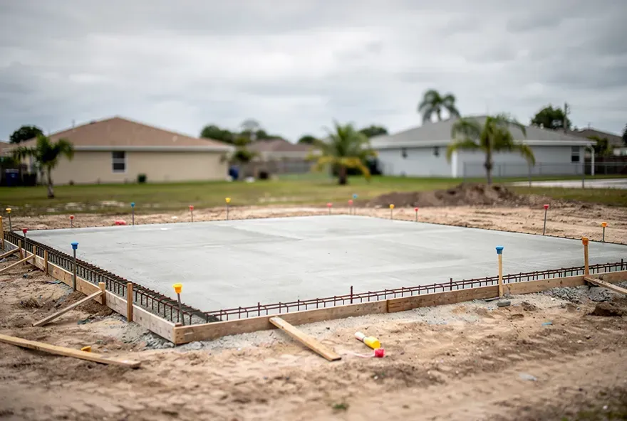 Freshly poured concrete foundation slab with visible rebar at a residential property in Lake Worth, Florida.