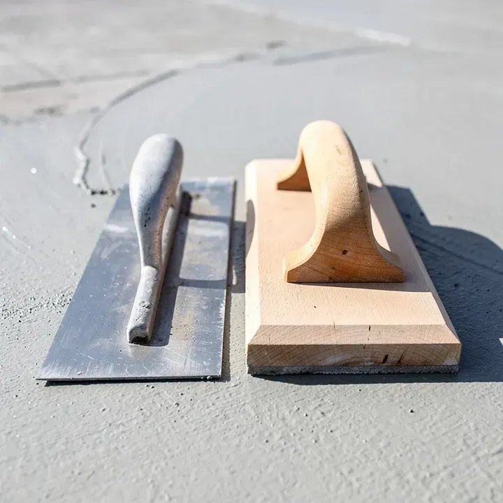 Close-up of a concrete trowel and float resting on a freshly finished concrete surface in the sun.