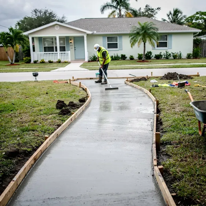 New concrete sidewalk section being poured at a Lake Worth, Florida home, worker shown from behind on an overcast day.
