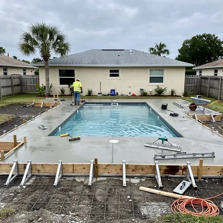 Stamped concrete pool deck installation in progress showing half finished textured surface and half smooth concrete in Lake Worth Florida