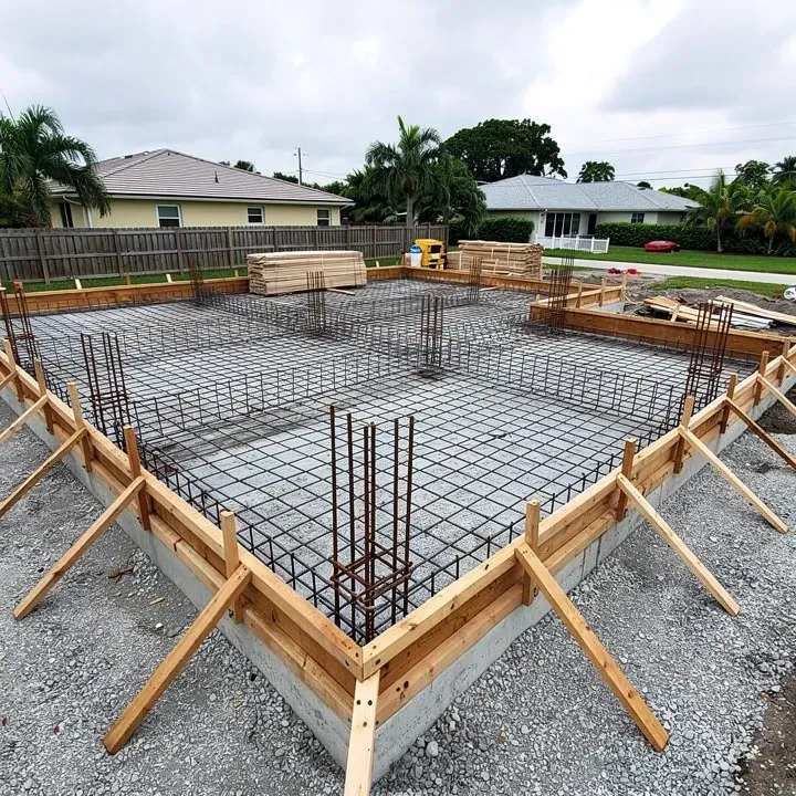 Concrete foundation preparation with rebar and formwork at residential site in Lake Worth Florida