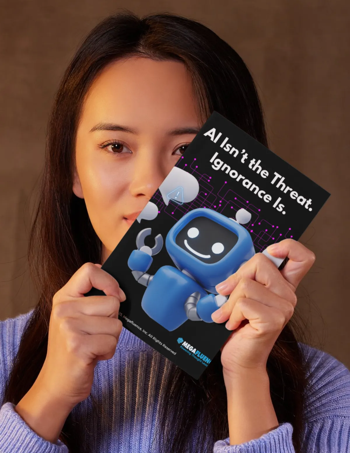 A young woman holding her ebook "AI Isn't the Threat. Ignorance Is."