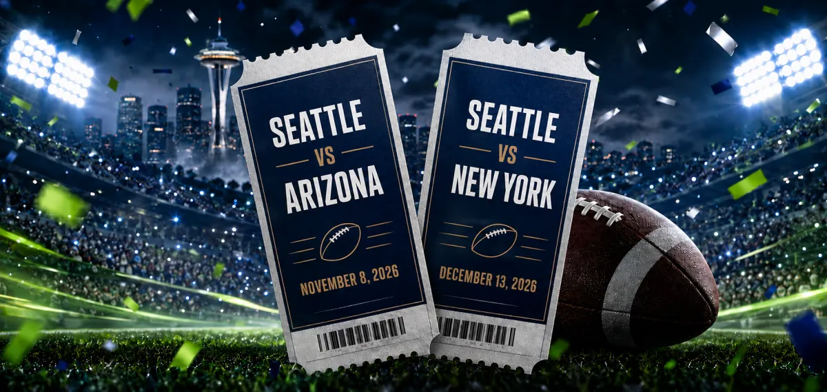 Two generic football tickets for Seattle vs Arizona on November 8, 2026 and Seattle vs New York on December 13, 2026.