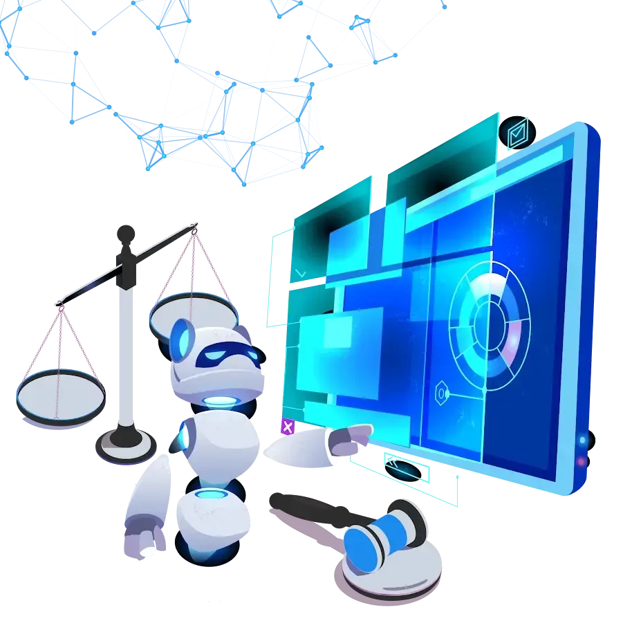 Law firm automation illustration showing AI-powered legal workflow tools and document management technology
