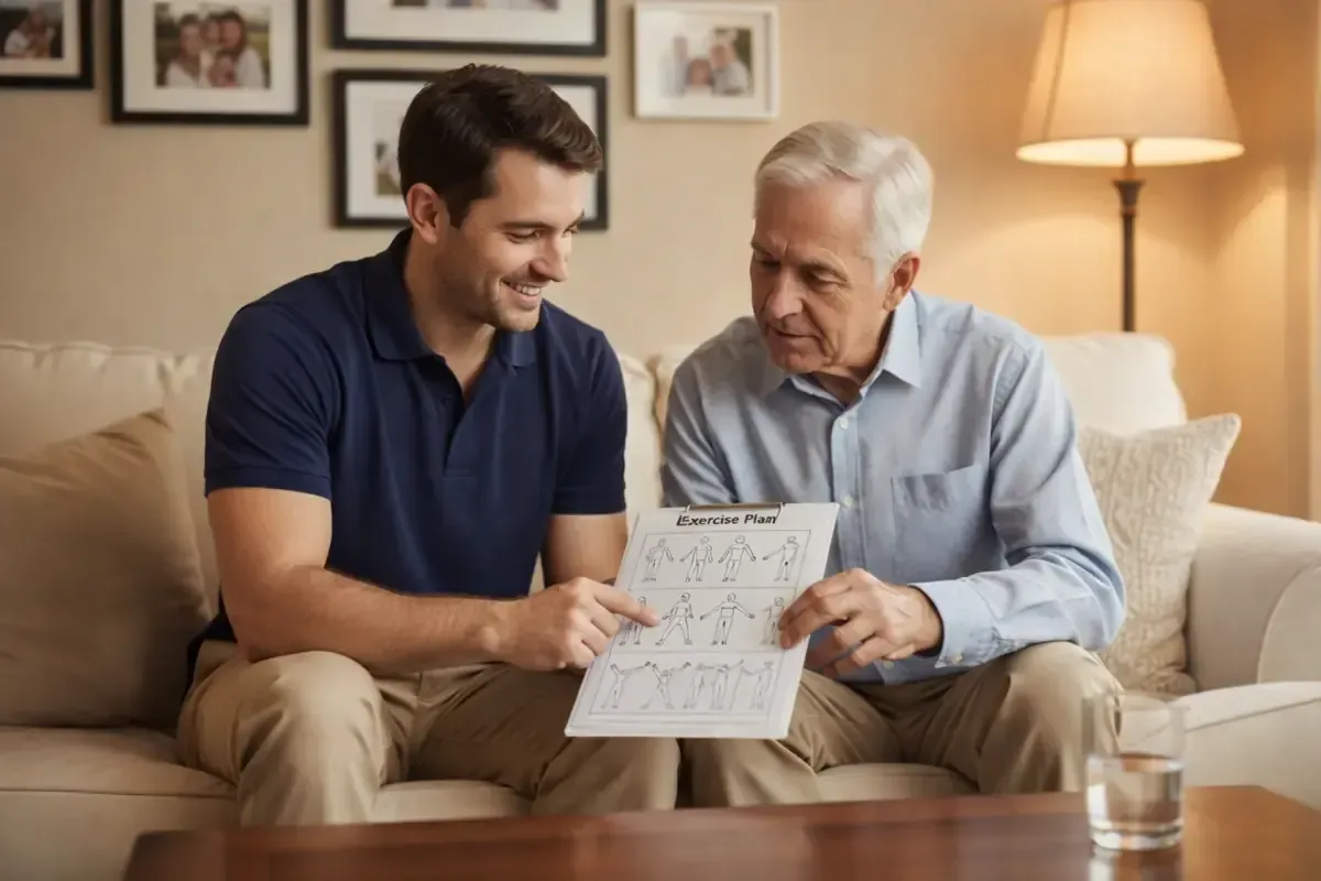 Physical therapist reviewing home exercise plan with senior patient during in-home physical therapy visit in Greenville