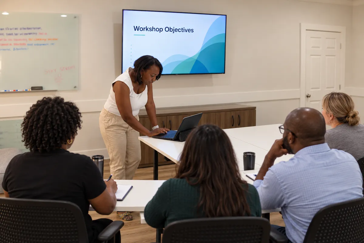 A facilitator leading a workshop for a small group